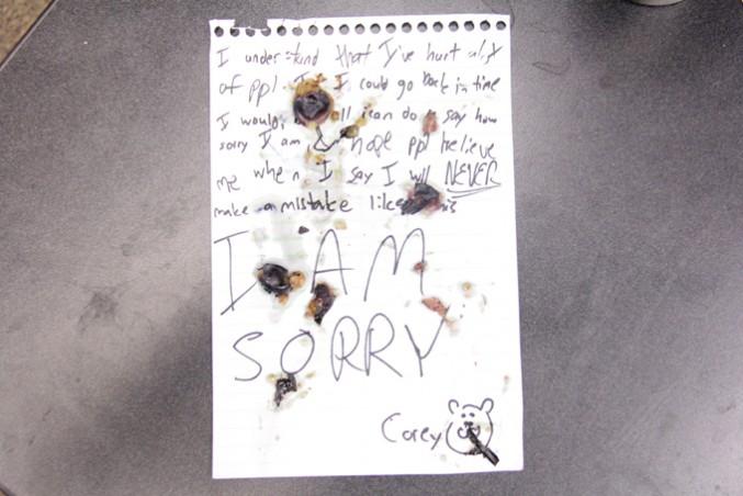 The apology note. Photo by Robert Mackenzie