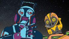Illustration showing faces of one blue and purple robot and another yellow and grey robot