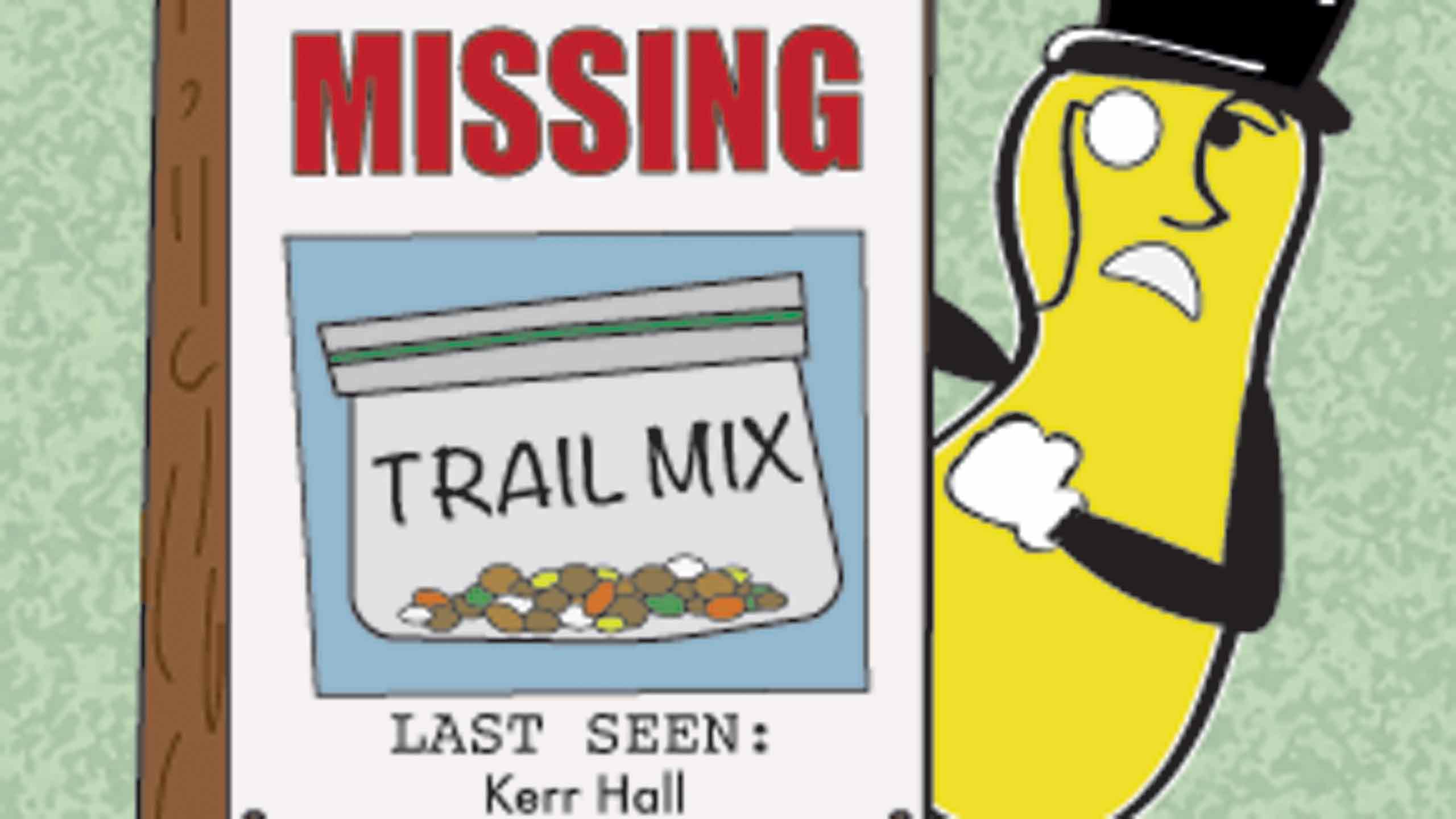 A Mr. Peanut stands behind a "missing" sign looking for the trailmix