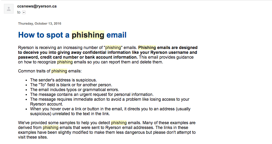 A screenshot of an email the CCS sent to students, warning them to avoid phishing emails.