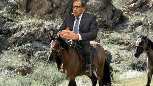 Illustration of Ryerson President Mohamed Lachemi riding a horse.