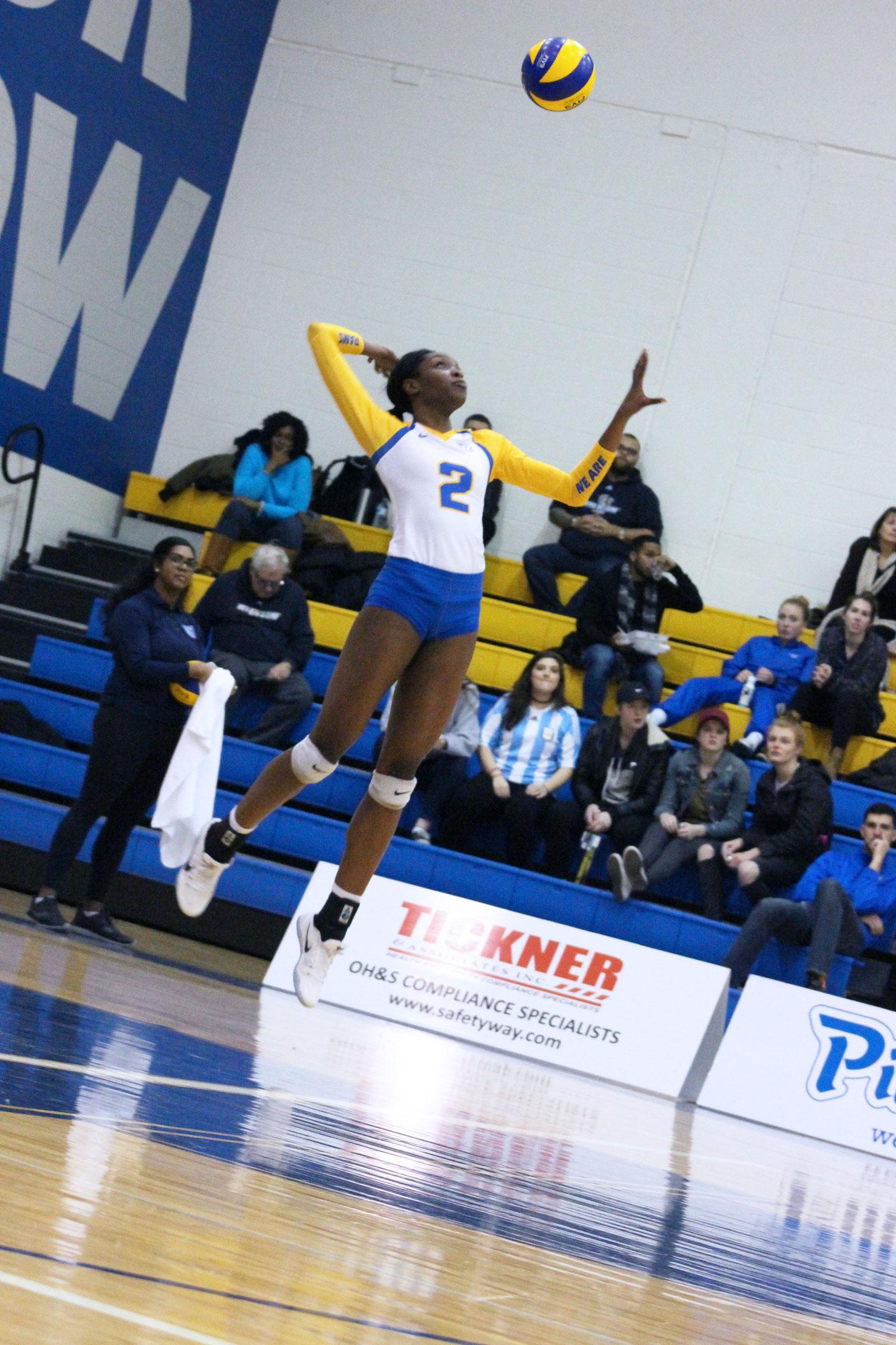 At the Womens Volleyball game, a Ryerson player jumps up to strike the ball.