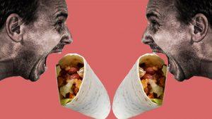 Two hyperbolic images of men eating burritos