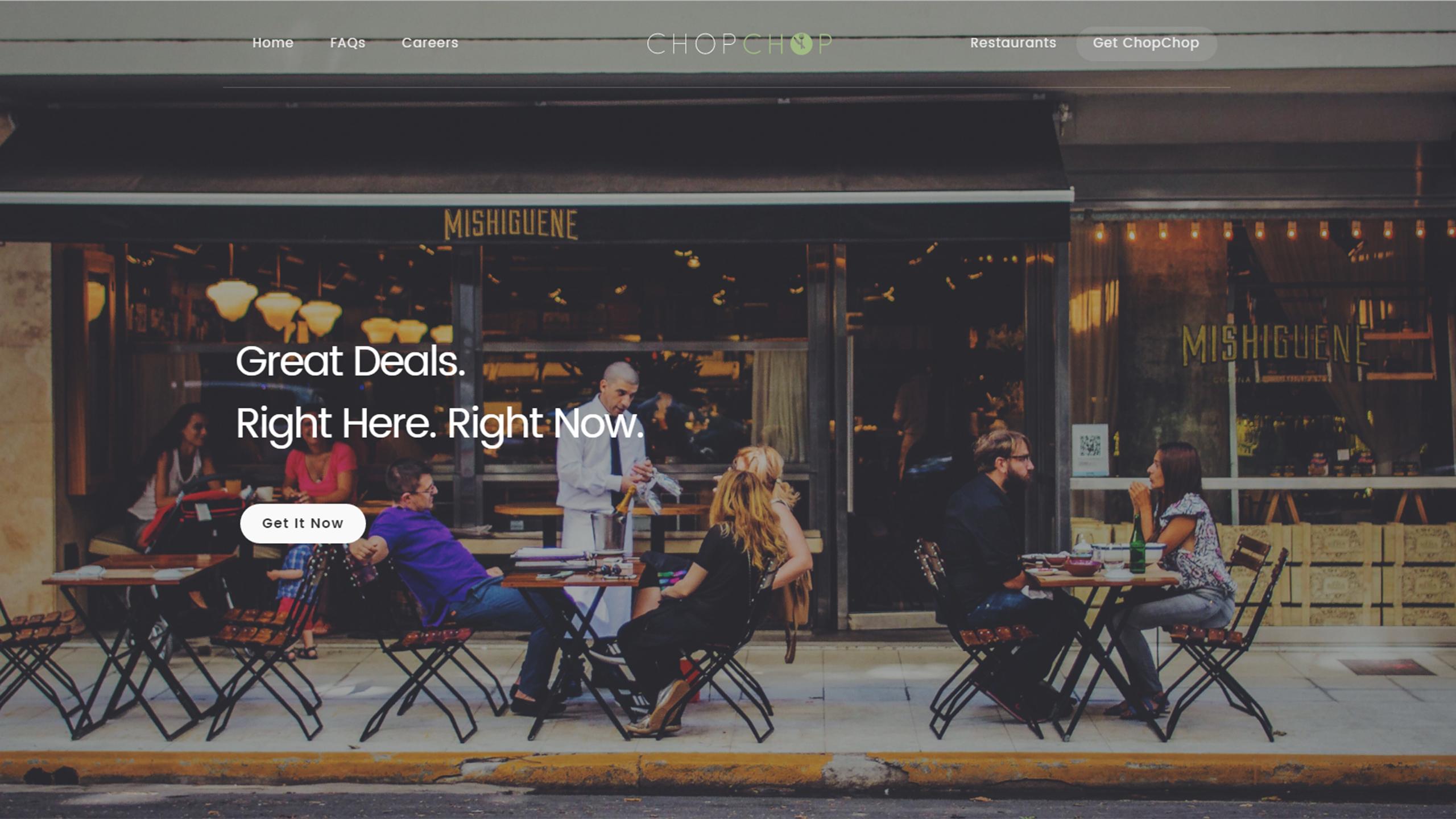 A screenshot of ChopChop's homepage shows several people sitting on a restaurant patio.