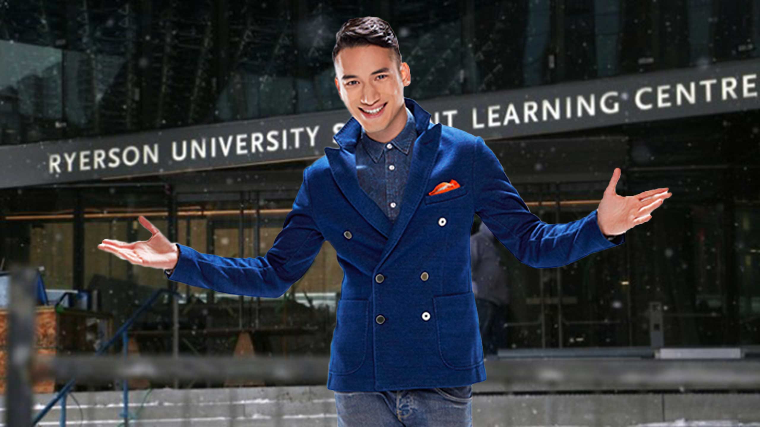 Carlos Bustamente (from YTV) stands in front of the Student Learning Centre