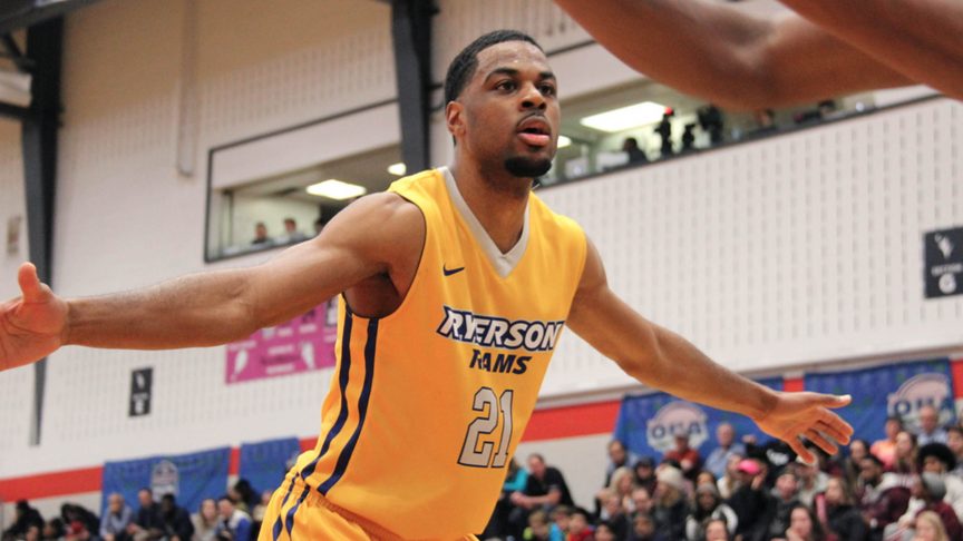A Ryerson Rams player during the game against Ottawa, which Ryerson managed to win 76-75.