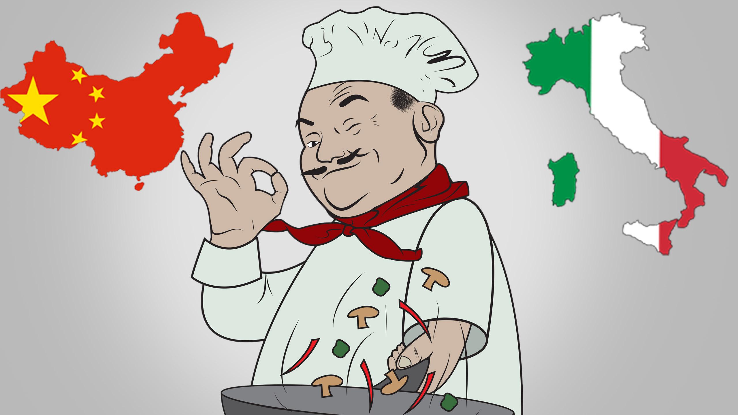 A chef stands in the middle with a pan of mushrooms and peppers. On either side of him are the flags for Italy and China