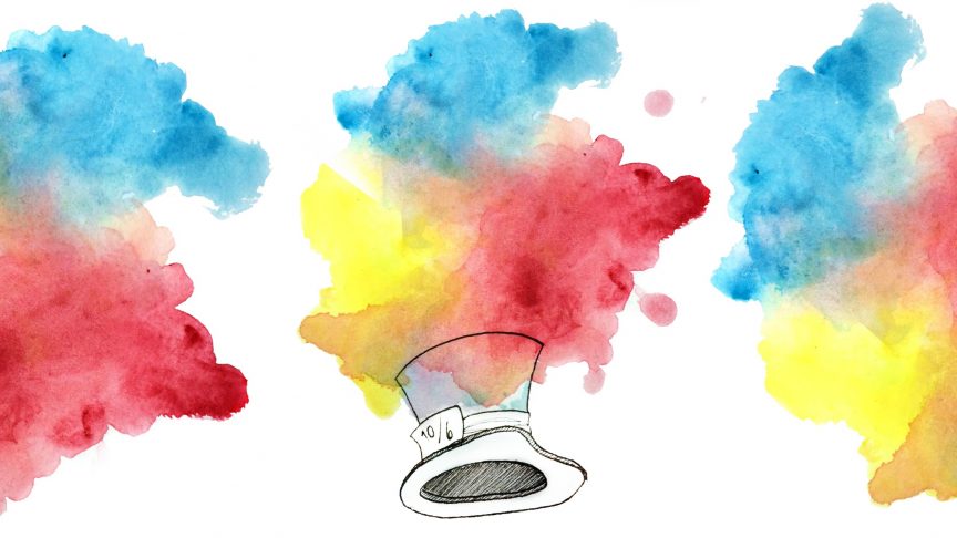 A water painting of exploding colours with a Mad Hatter hat in the center