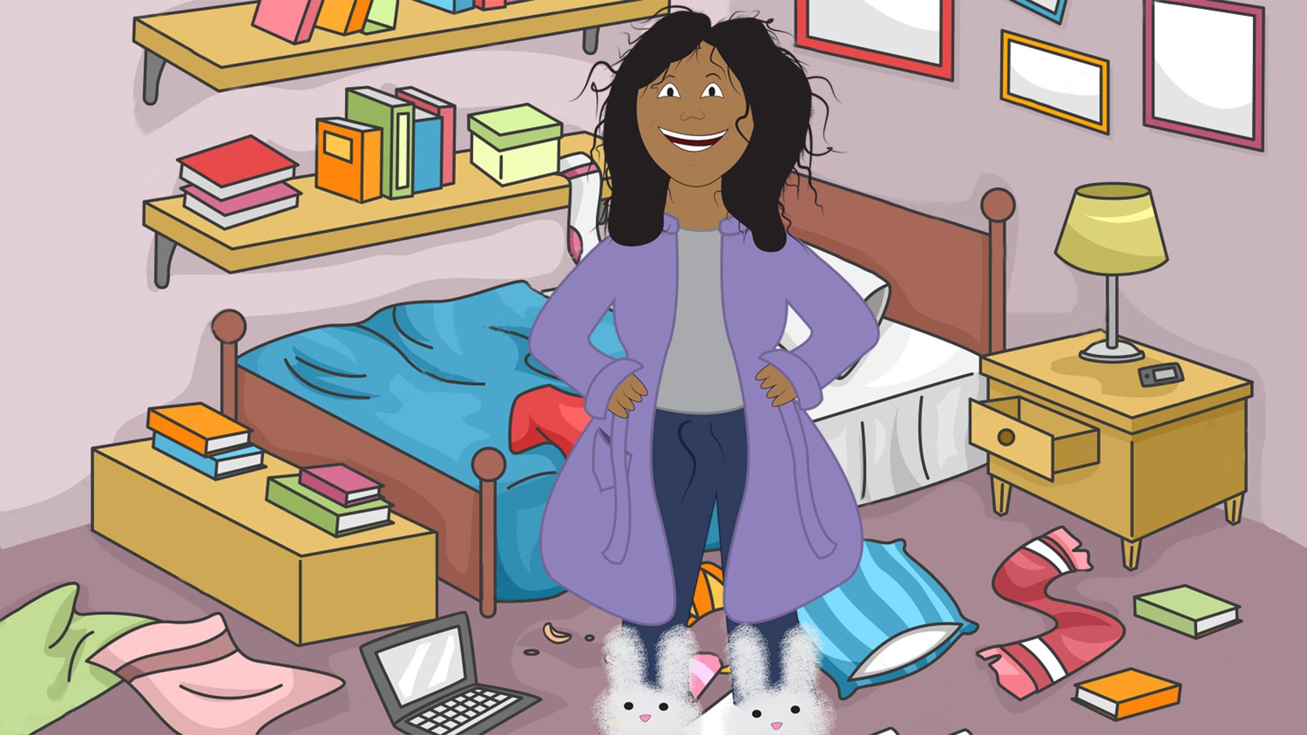An illustration of a girl with messy hair in a messy bedroom