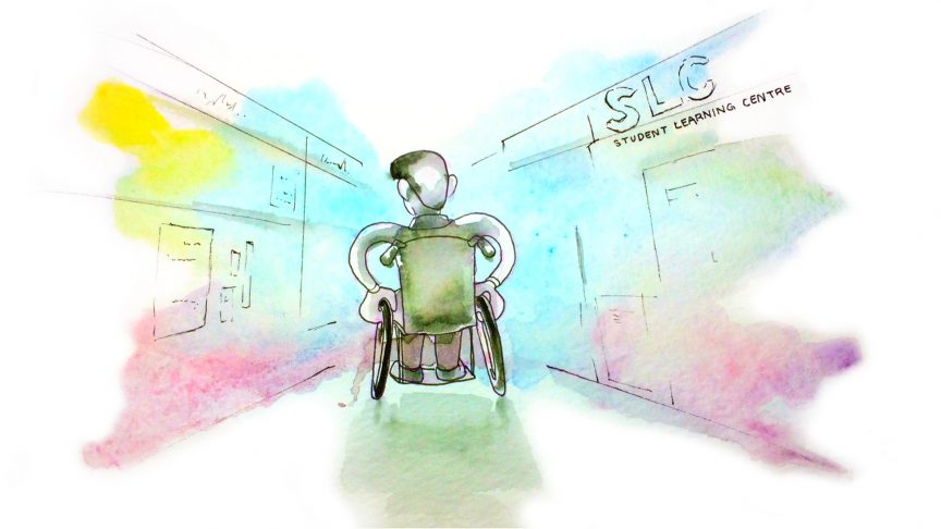 It’s easy to get lost at school when you’re new. It’s even more complicated when you’re using a mobility device. ILLUSTRATION: ALANNAH ASTORQUIZA