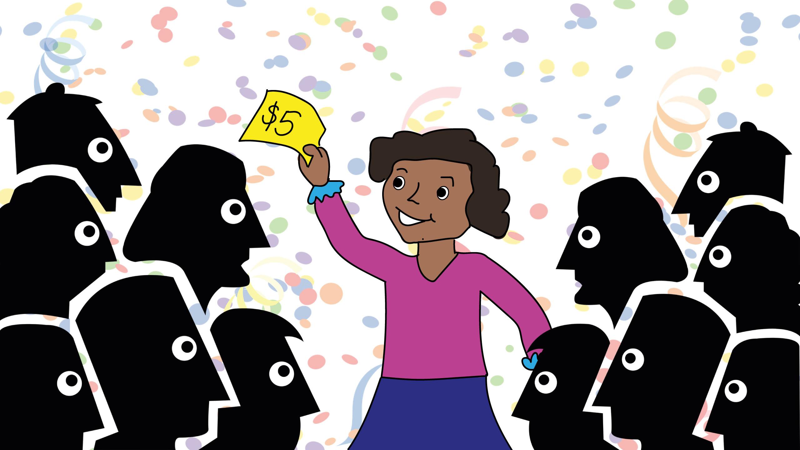 A girl stands in the middle of a crowd happily holding a $5 bill