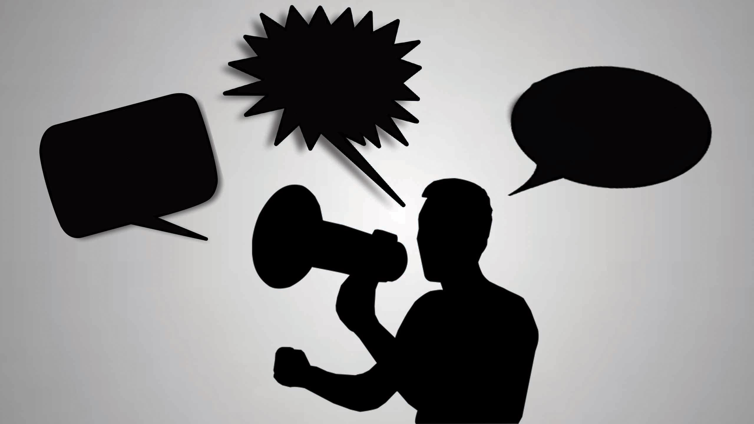 A silhouette of a man yelling into a loudspeaker. Speech bubbles float above his head.