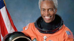 Portrait of Guion Bluford wearing astronaut suit without a mask