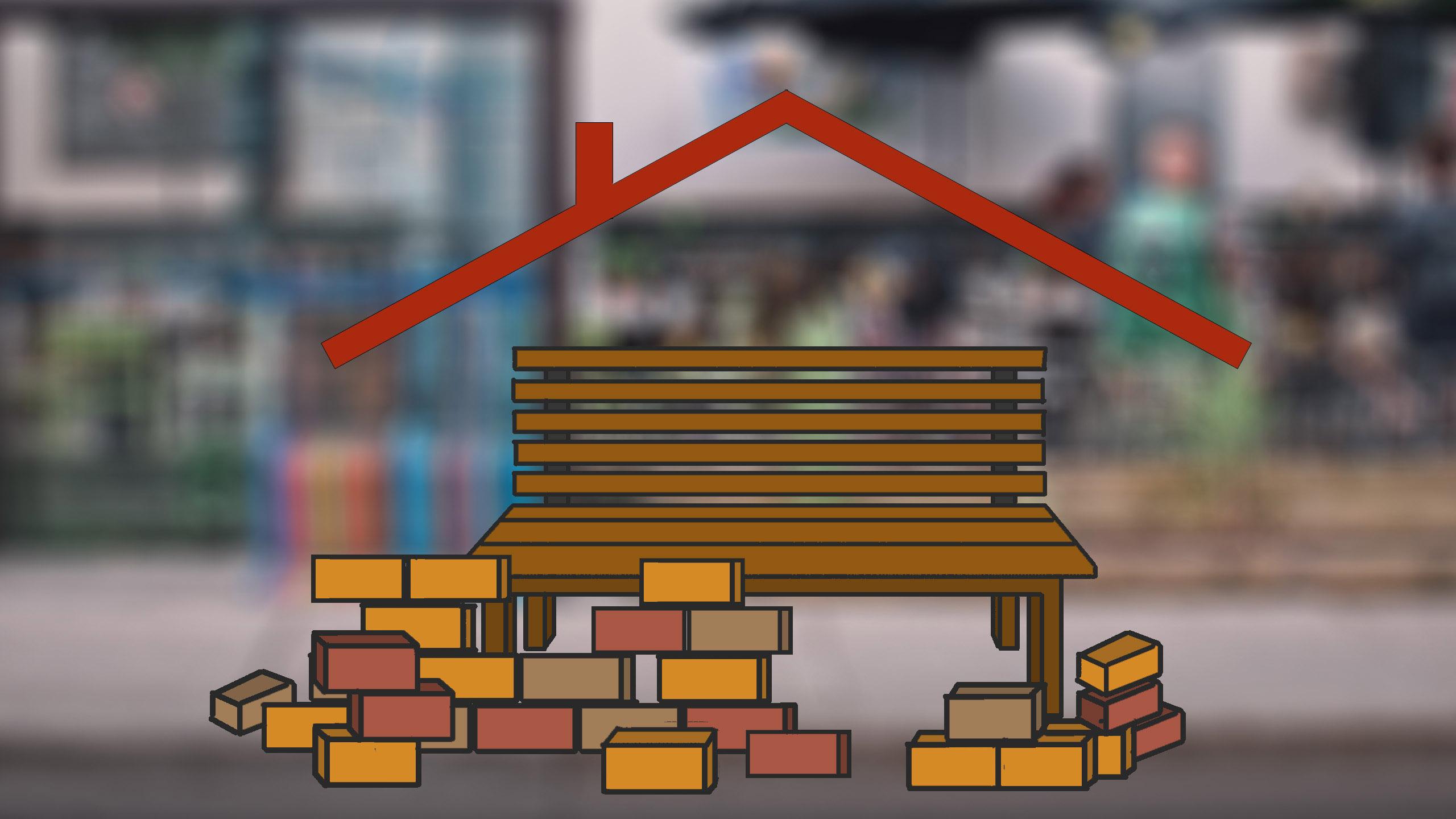 Illustration of a bench with bricks being laid around it. A roof hovers above the bench.
