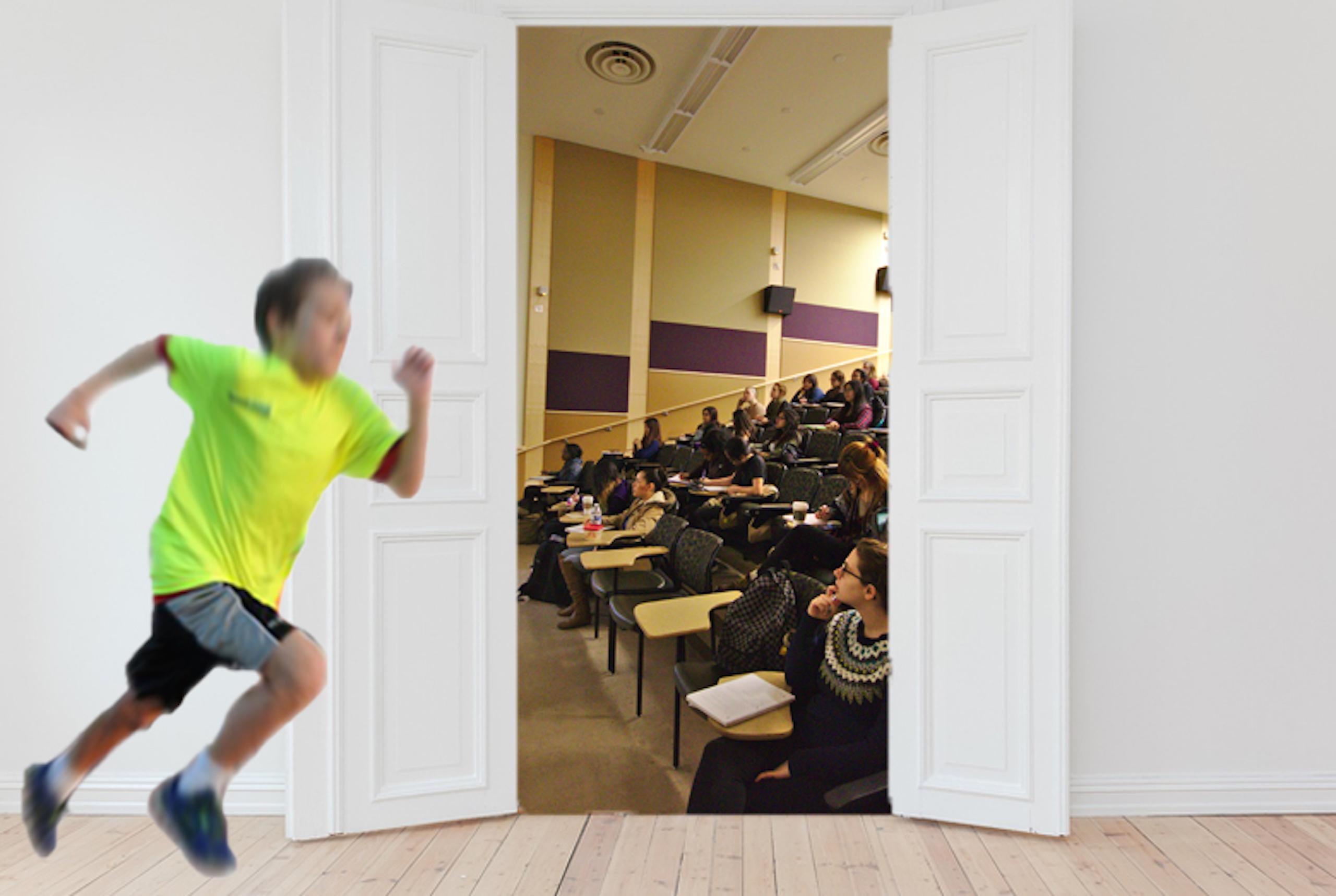 A blurred figure running to get into a classroom full of students.