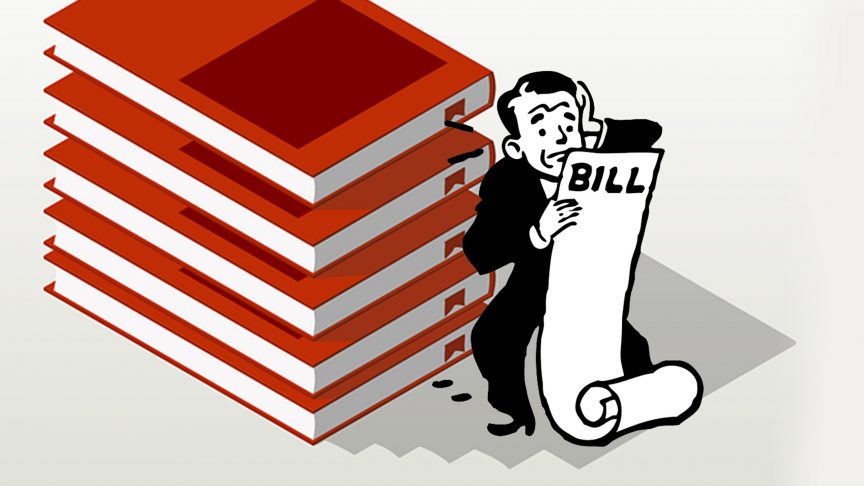 Cartoon man stressing about a long bill with textbooks looming behind him