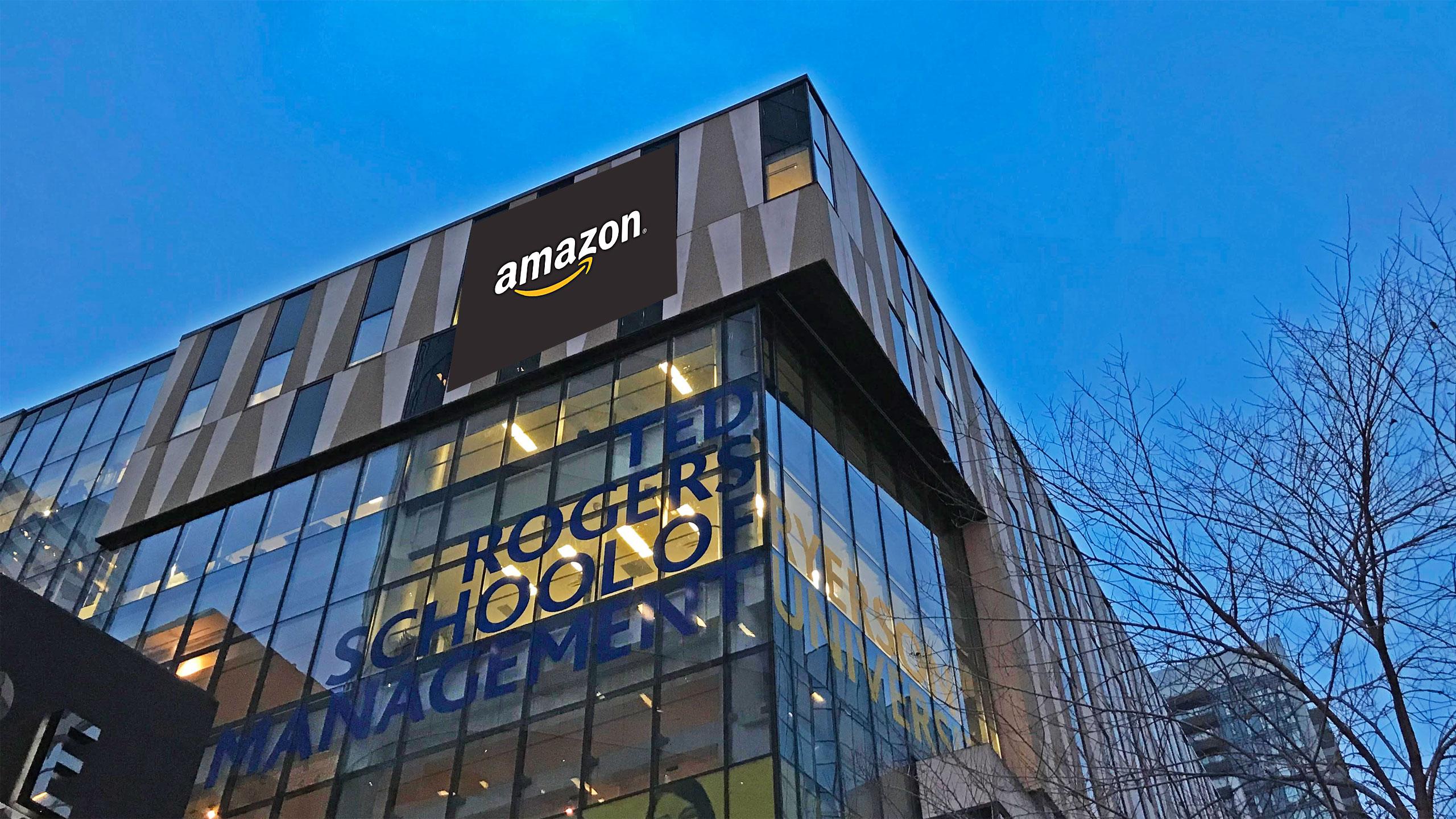 The Ted Rogers School of Management building with the amazon logo on the side