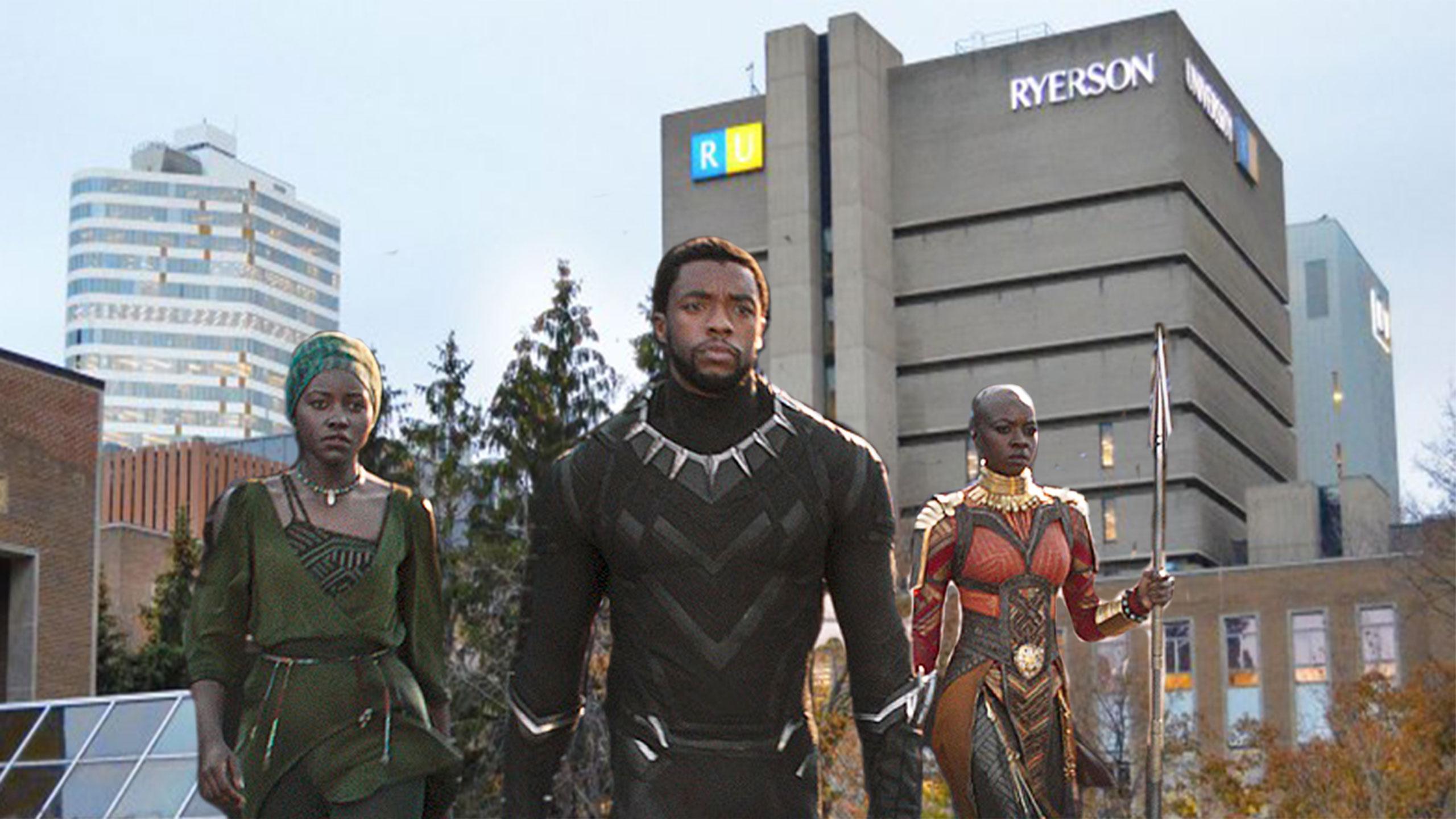 A photo illustration of Black Panther characters walking through Ryerson's campus.