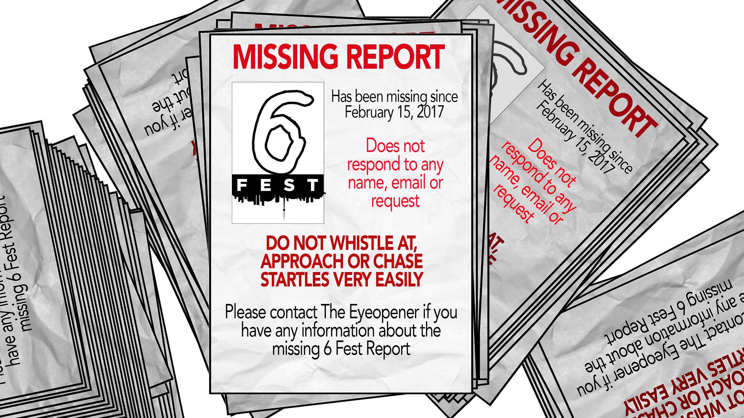 Illustrated missing posters for the 6 Fest report.