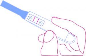 An illustration of a hand holding a positive pregnancy test