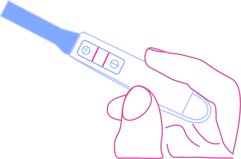 An illustration of a hand holding a positive pregnancy test