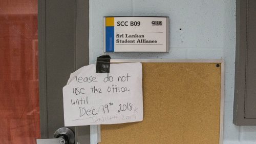 Student group offices in a SCC hallway were closed for ongoing mould treatment. Notices were placed asking students not to use them