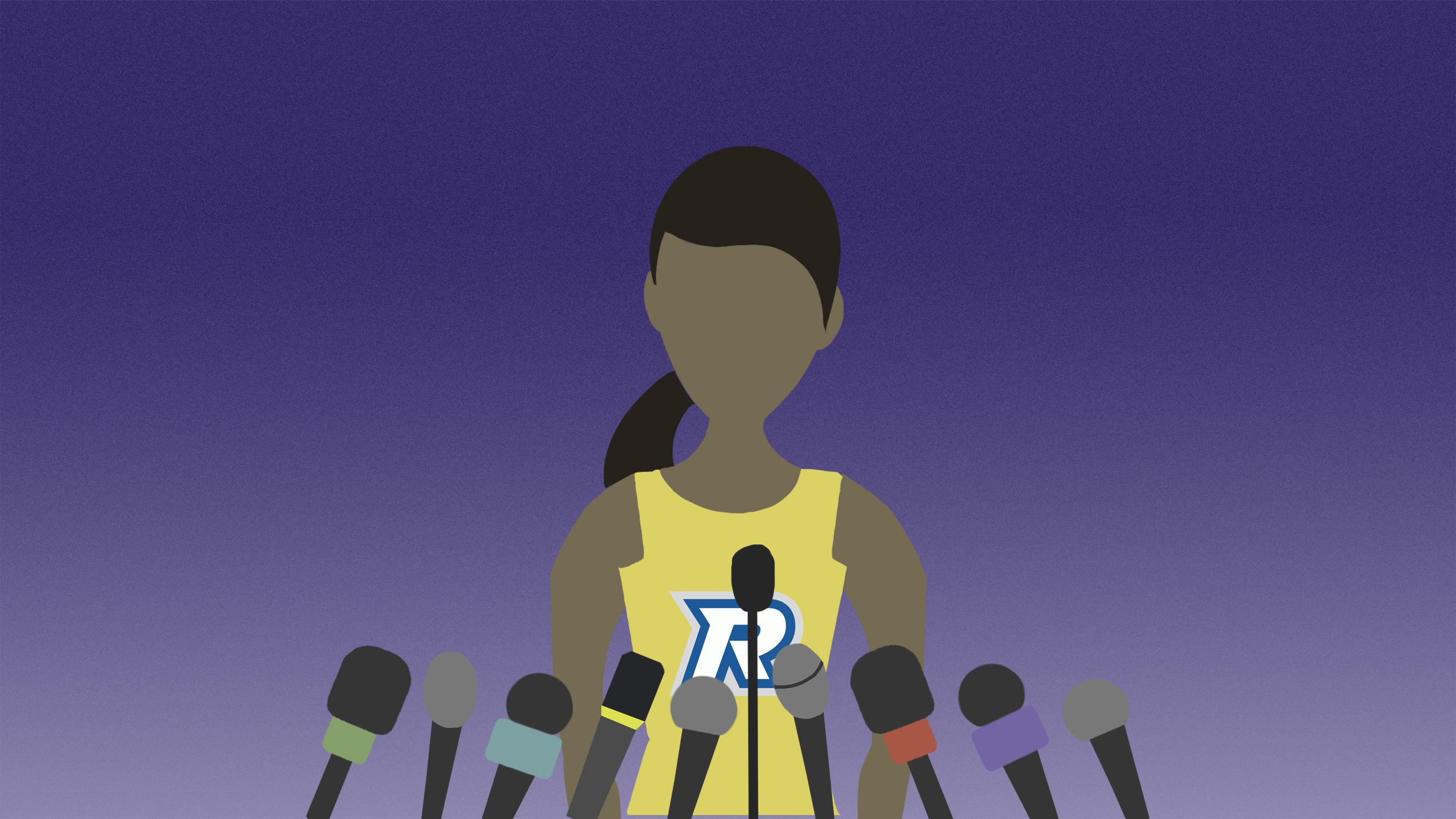 An illustration of a female athlete with several microphones pointed at her