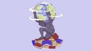An illustration of Atlas knelling on a pile of textbooks holding up the world