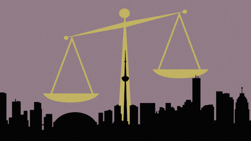 An illustration of weigh scales dwarfing a silhouette of the Toronto skyline