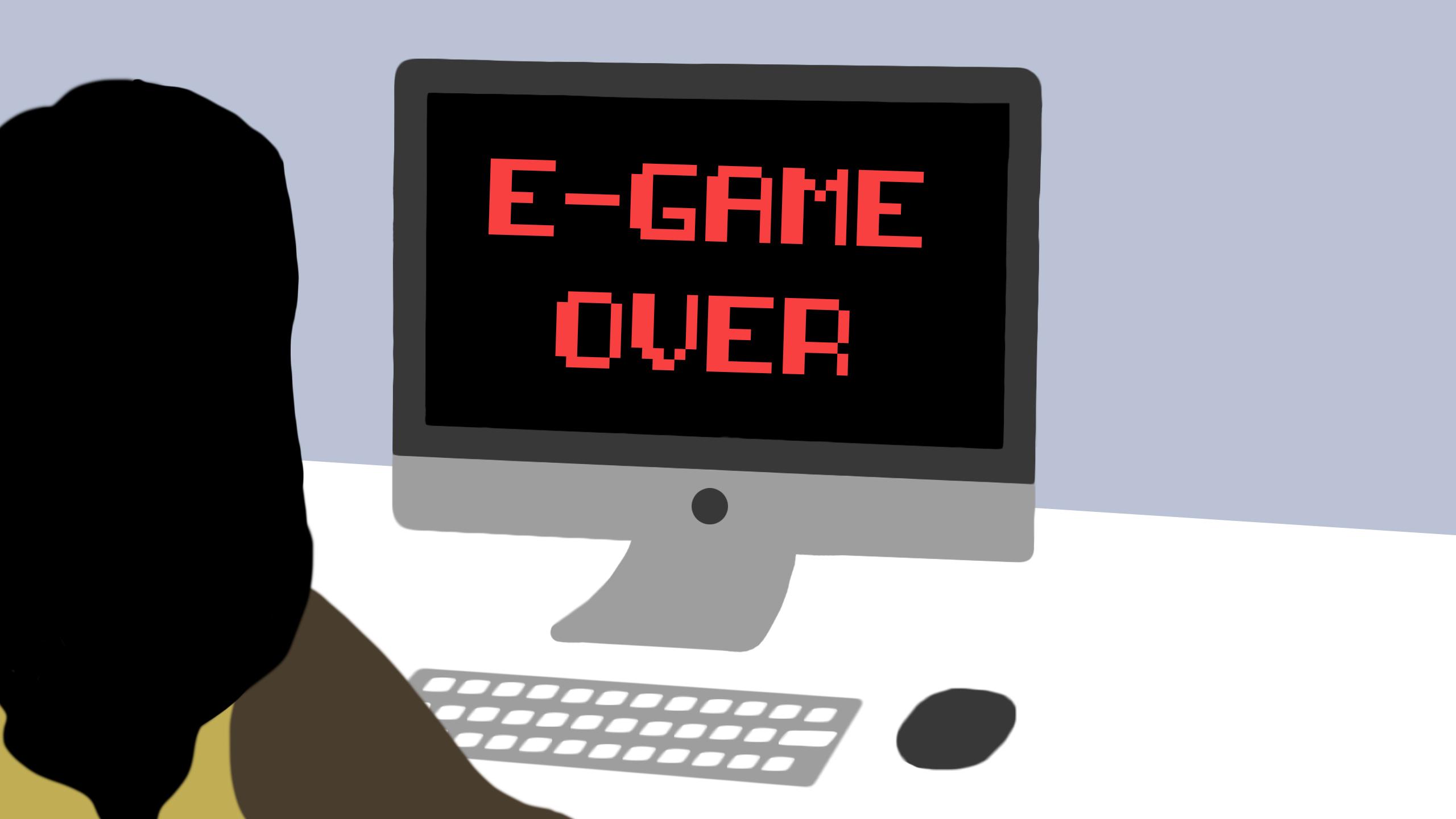 An illustration of a girl sitting at a computer that says "E-Game Over" in 8-bit font