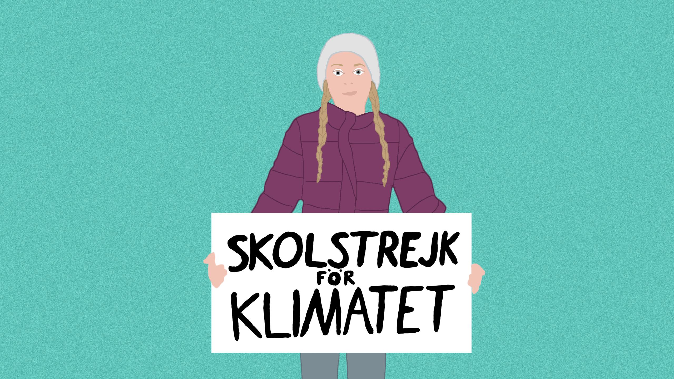 An illustration of young activist, Greta Thunberg holding up a protest sign
