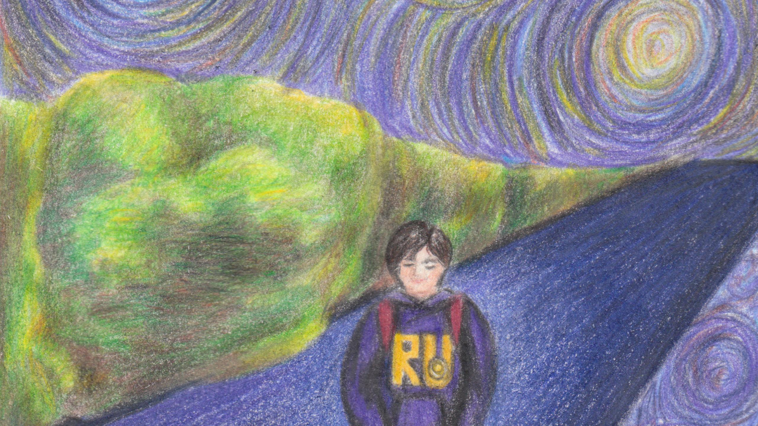 An illustration of a student in a Ryerson sweatshirt walking down an empty street underneath a colourful sky reminiscent of Van Gogh's Starry Night