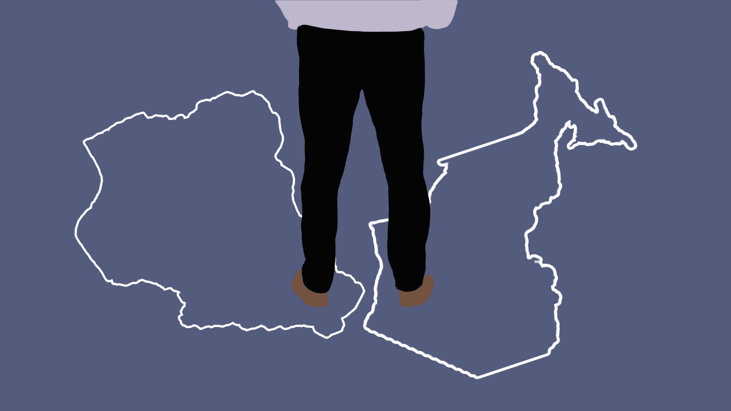An illustration of a woman standing with one foot on Nigeria and one foot on Ontario
