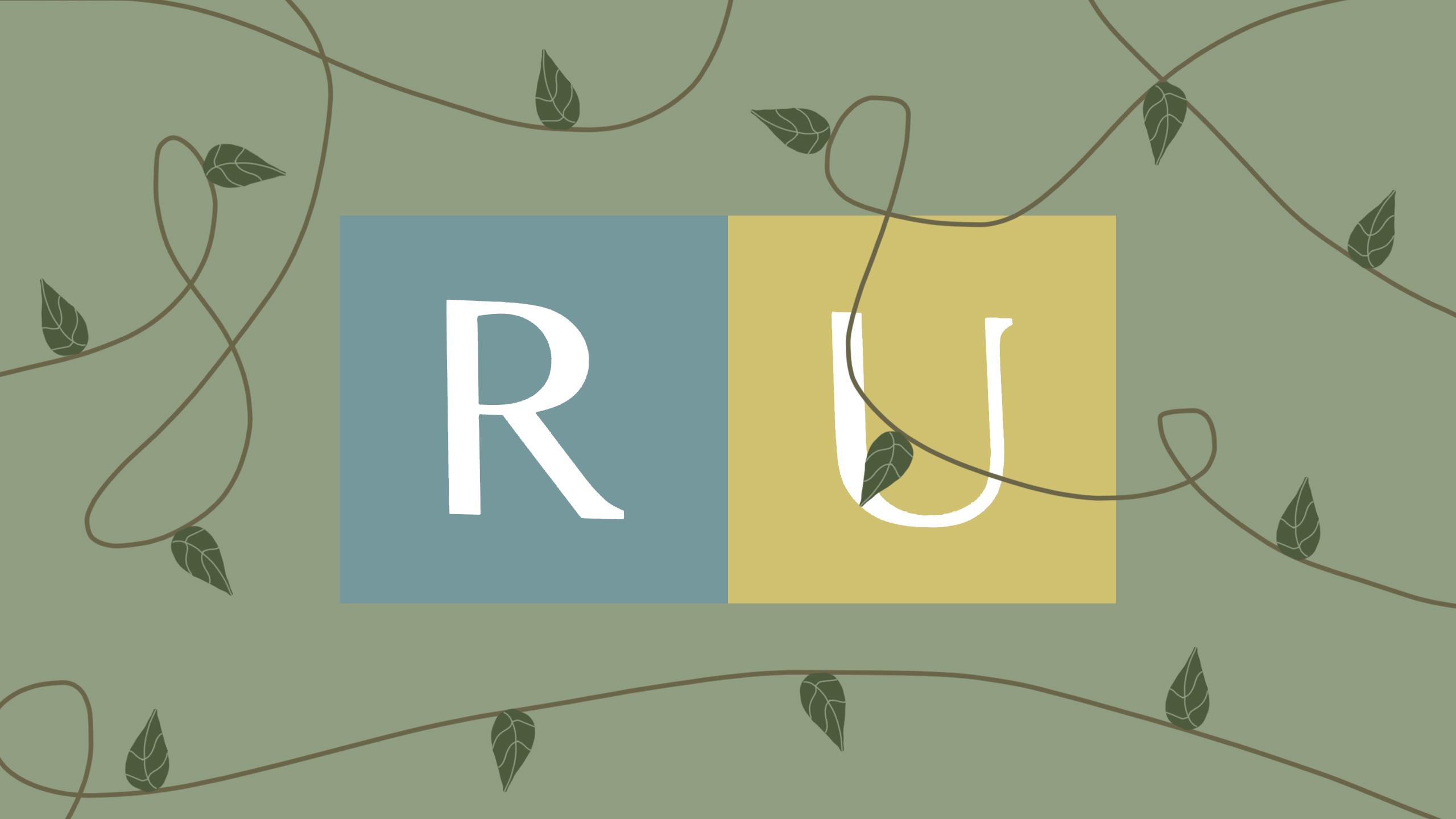 The 'RU' Ryerson logo but in more earth tones and with vines swirling around the photo