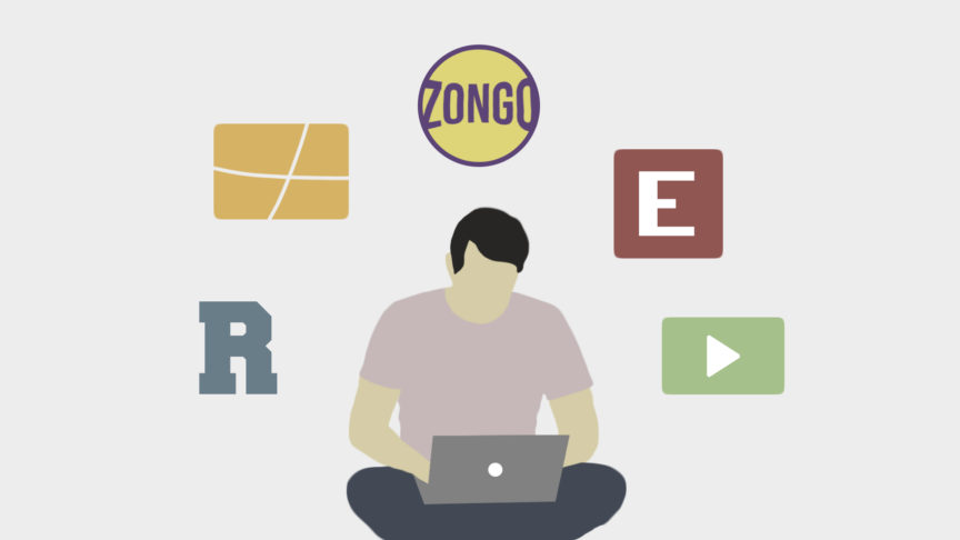 An illustration of a man sitting cross-legged with a computer in his lap. Floating above his head are logos of different (fake) streaming services, he's trying to decide which one to use to watch sports