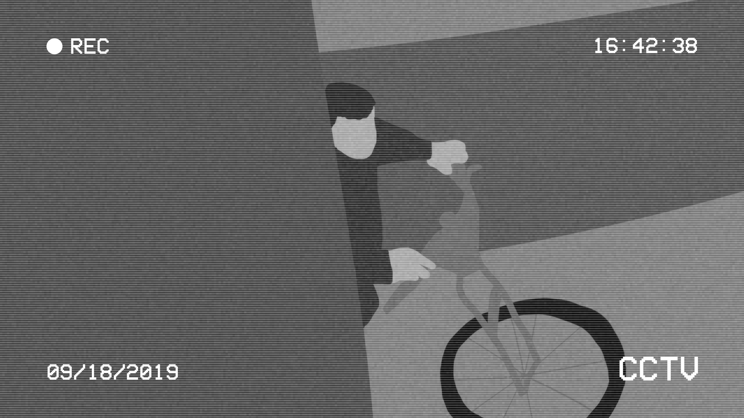 A black and white illustration of a man stealing a bicycle edited to look like a shot from CCTV footage