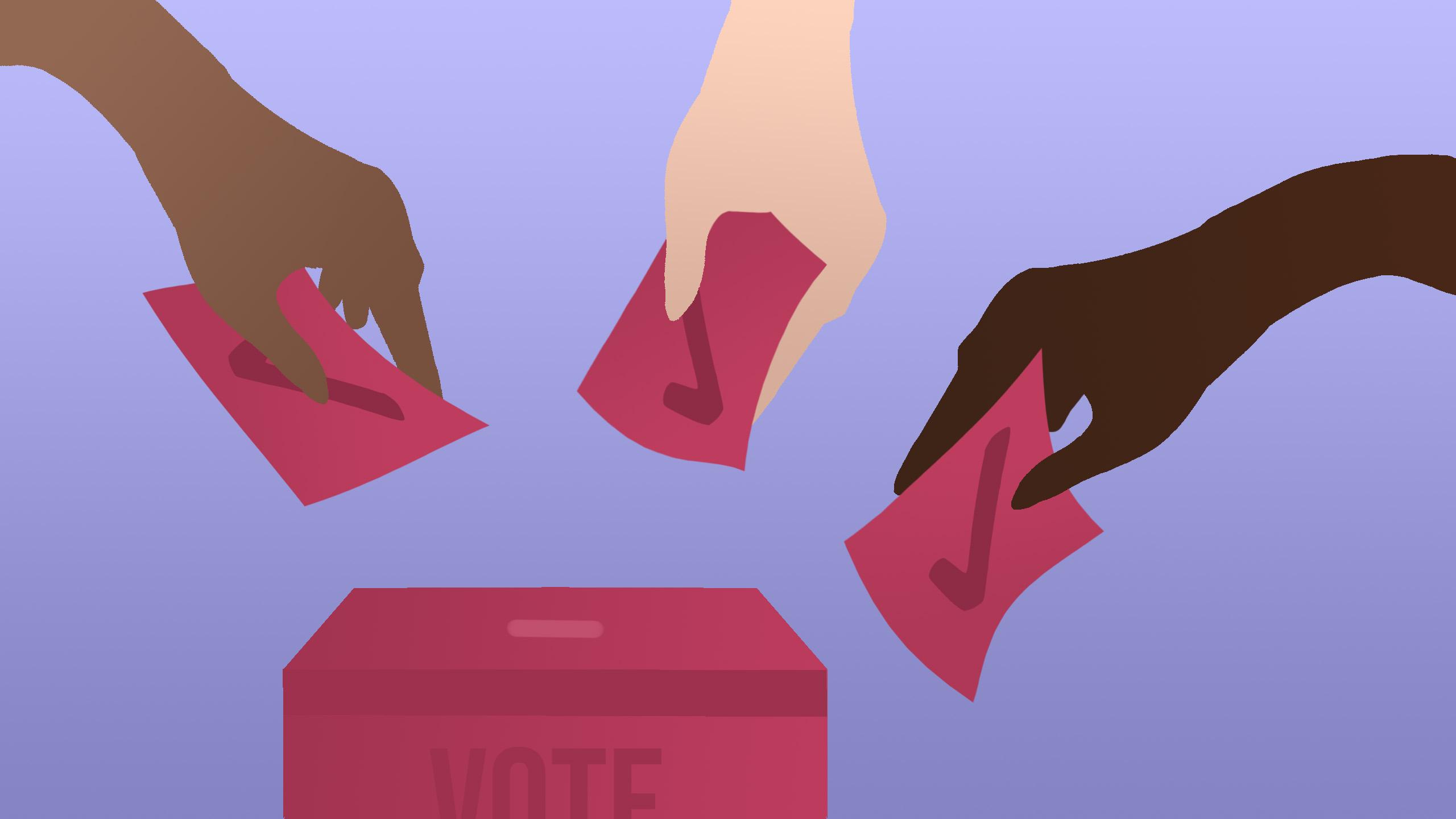 An illustration of 3 different hands adding voting ballots to a ballet box