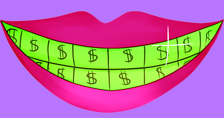 picture of mouth with green teeth and dollar signs