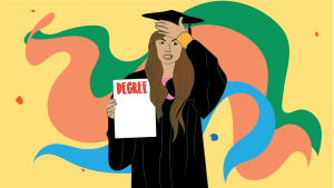 Illustration of a woman dressed in a black cap and gown holding a white paper that says DEGREE in red font standing in front of a yellow background with green, orange and blue swirl designs.