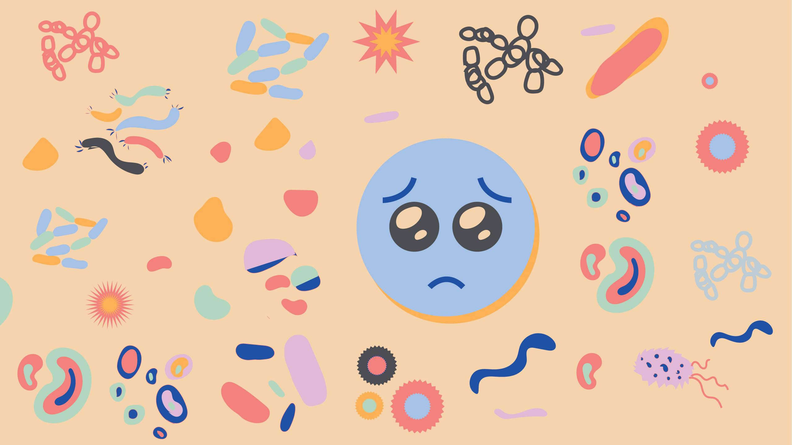 A tear-filled emoji looks at the germs floating around it amidst the COVID-19 epidemic.