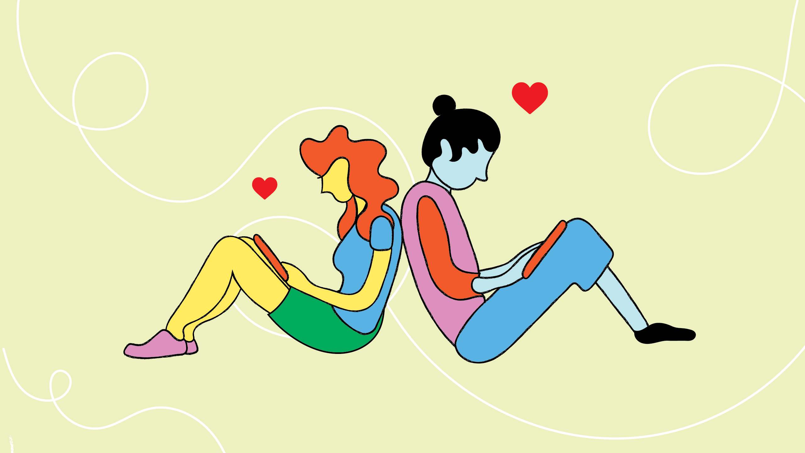 The illustration has a light greenish yellow background with looping white string scattered across. In the middle are two people sitting back to back with phones propped up against their knees. The person on the left has red curly hair, yellow skin, a blue shirt, green shorts, and pink shoes. The person on the right is slightly taller with black hair that's in a bun, light blue skin, a pink full sleeve top with orange sleeces, blue pants, and black shoes. Both people have small red hearts above their heads.