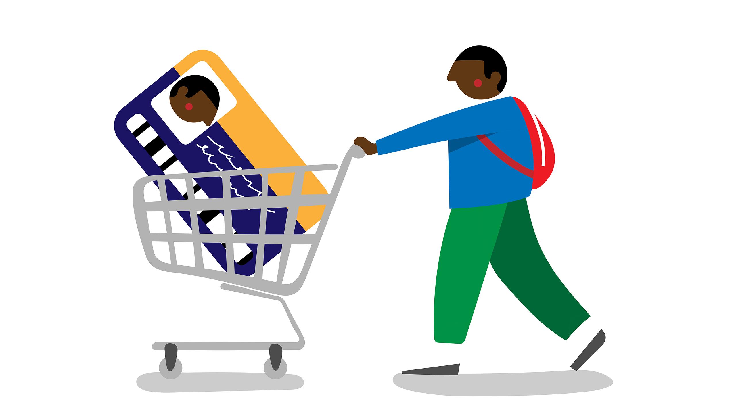 Illustration of a man wearing a backpack and pushing a shopping cart with a OneCard in it.