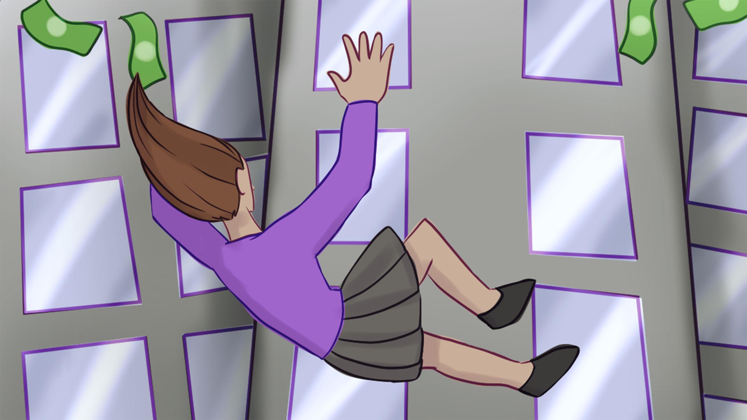 Illustration of a woman falling off the roof of a building with dollar bills around her.