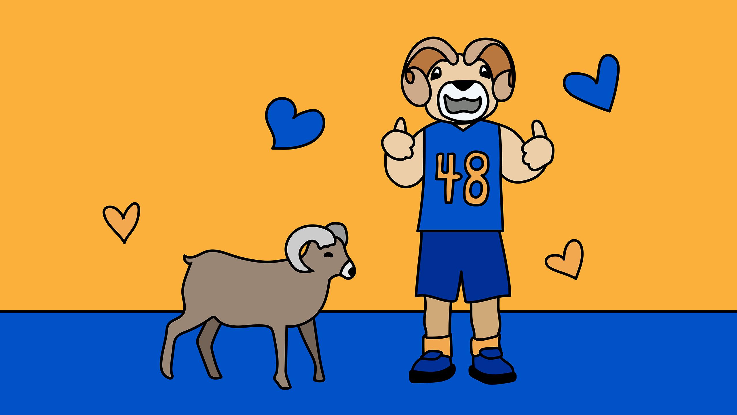 Illustration of a ram and Ryerson's mascot Eggy surrounded by yellow and blue hearts.
