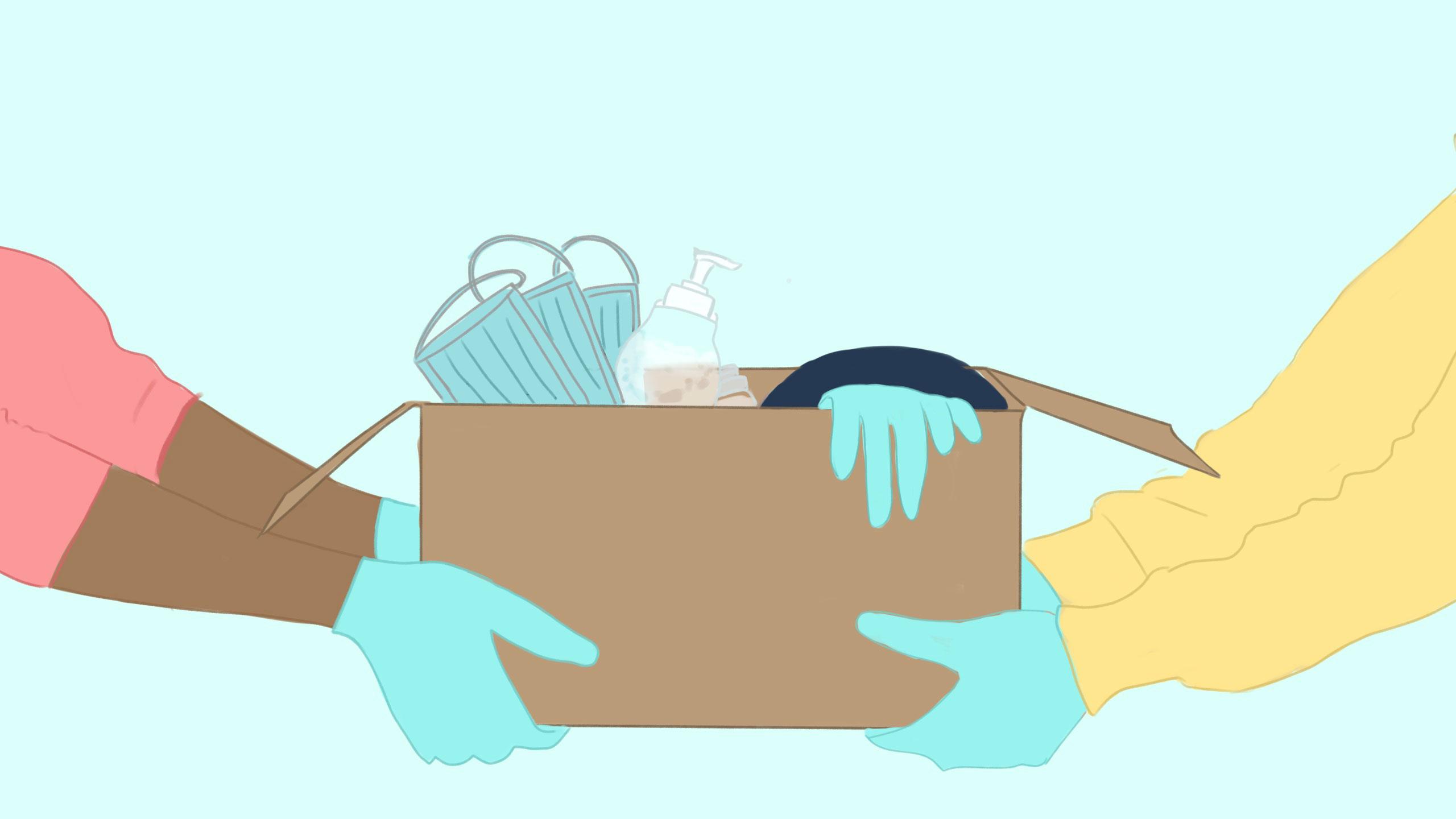 A pair of gloved hands handing a box with masks, hand sanitizers and gloves to another pair of gloved hands.
