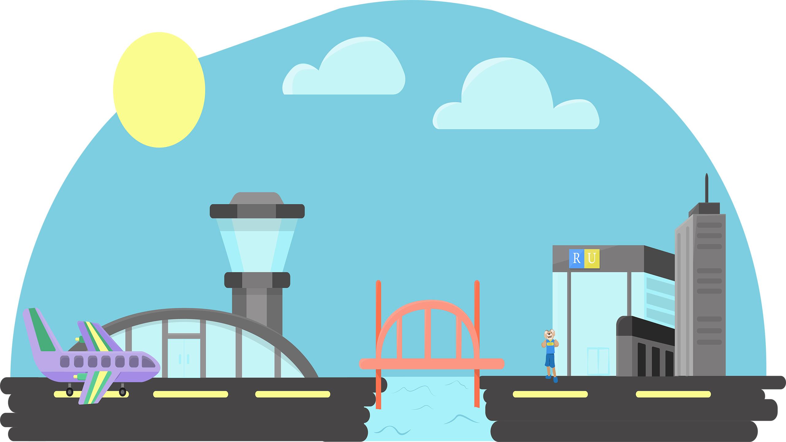 Illustration of bridge over a river. On one side there is an airport with an airplane and on the other there is a Ryerson building with Eggy standing in front of it.