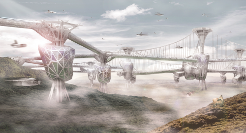 An futuristic airport terminal floating above ground.