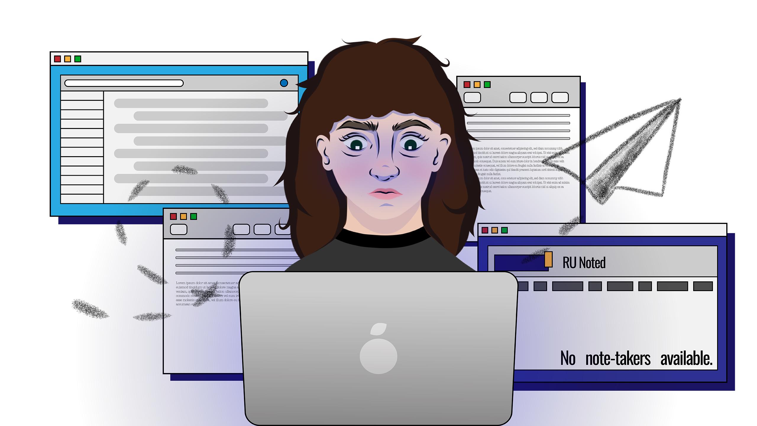 Illustration of a tired student who's face is illuminated by her laptop screen. She is surrounded by internet browser windows with emails, an inbox, and an RU Noted website that says "no note-takers available."