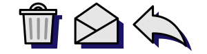 An illustration of an email trash, envelope and reply symbols, all with a purple drop shadow. The symbols themselves are offwhite with black outlines.