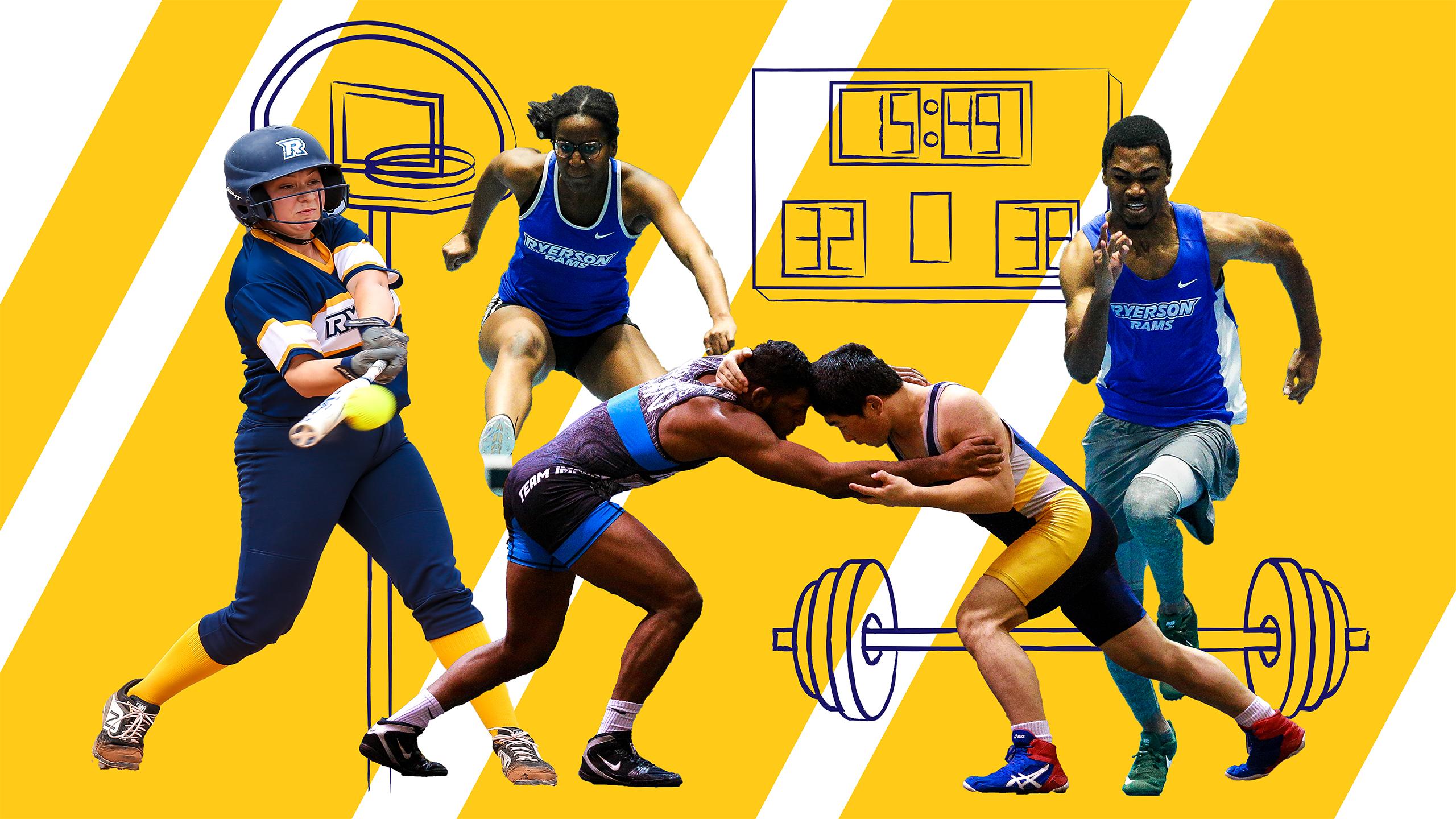 Various Ryerson athletes playing baseball, wrestling, and running track. In the background is a basketball hoop, a scoreboard, and a barbell.